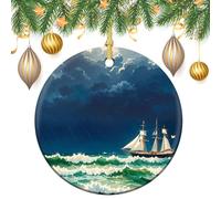 Stormy Waves Vintage Sailboat Ceramic Christmas Ornaments with Gold String - Round Double Sided Porcelain Tree Decorations for Fireplace, Mantel, Wreath Holiday Party Decor (2.8 Inch)