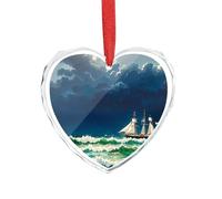 Stormy Waves Vintage Sailboat Glass Heart Pendant for Christmas Ornament, Personalized Christmas Tree Ornaments, Timeless Friendship Keepsake Pendant for Couples Family Friends Xmas Decor