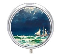 Stormy Waves Vintage Sailboat Pill Box Portable Pill Organizer with 3 Compartment and Small Mirror Travel Pillcase for Pocket Or Purse Round Medicine Organizer Decorative Vitamin Organizer