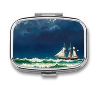 Stormy Waves Vintage Sailboat Pill Box Travel Pill Organizer 2 Compartment Weekly Pill Case with Mirror A Day Medicine Container Medicine Organizer for Purse, Pocket, Or Wallet