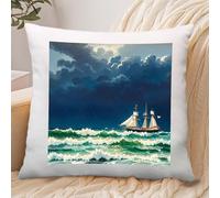 Stormy Waves Vintage Sailboat Pillowcase Linen for Home Use, Soft Comfortable Pillow Cover with Invisible Zipper, Breathable Pillow Cases 45x45cm for Luxury Hotel, Living Room, Bedroom