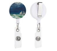 Stormy Waves Vintage Sailboat Retractable Badge Reel - Personalized ID Name Badge Holder with Lanyard Cute Badges Reel Holder Round Nurse Doctor Name Tag Badges Clip for Work