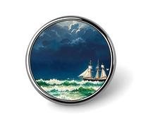 Stormy Waves Vintage Sailboat Round Badge Cute Enamel Lapel Pin Brooches Button Pin Personalized Clothing Decoration Unisex Badge Holder Hats Bags Shirts Decor
