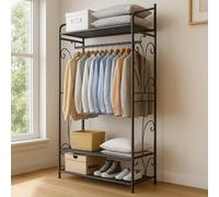 STORVO Heavy Duty Large Metal Clothes Rail Open Wardrobe With 2 Storage Shelves