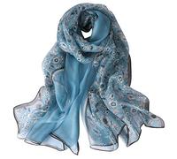 STORY OF SHANGHAI Women's Mulberry Flower Print Large Silk Shawl Scarf Wraps 68 * 43 Inches,Blue Daisy