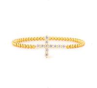 STORYJEWELLERY 18K Gold Plated Cross Bracelet for Women, Small Beaded Cross Bracelet, Stackable Beaded Stretch Bracelets, Christian Jewelry for Women, Confirmation and Baptism Gifts
