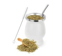 STOUCLA White Mate Mug, 260ml, Stainless Steel, Round Teacup, Mate Cup, 3-Piece Set with Straws and Cleaning Brush