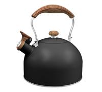 Stove Top Whistling Kettle for Gas Hob, 2.5 L Stainless Steel Teapot | Stovetop Camping Kettle with Wood Pattern Folding Handle for Coffee Tea Hot Water (Black)