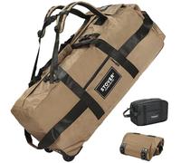 STOVER 80L Rolling Duffel Bag with Wheels, Large Durable Travel Duffle + Toiletry Bag, Heavy Duty, Packable, Foldable with Shoulder Straps- Use as Luggage or Backpack, Men/Women (Tan)