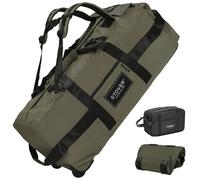 STOVER Rolling Duffel Bag with Wheels, Durable Travel Duffle + Toiletry Bag, Heavy Duty, Packable with Shoulder Straps- Use as Luggage or Backpack, Green, 80L