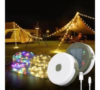 Stowable String Lights 10M / 32FT, Solar Camping Lights Reel, USB Rechargeable,2000mAh, Waterproof Retractable Camping String Lights for Outdoor, Indoor, RV, Tent, Warm White+Color