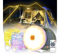 Stowable String Lights 10M,Solar Camping String Lights Reel,USB Rechargeable,3600mAh,Retractable Solar String Lights for Tent Camping Yard Garden Hiking Travel Decorations,Warm White+Color