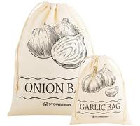 STOWBERRY Onion Storage Bag 40x30cm and Garlic Storage Bag 25x20cm Eco-Friendly 100% Cotton Storage Bags - 5KG Onion Bag and 2KG Garlic Bag for Storing and Keeping Onions and Garlic Fresh for Longer
