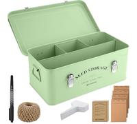 STOWBERRY Seed Storage Box Organiser - Garden Seeds Tin with Lid, Handles, 4 Compartments & Safety Lock - Seed Box for Gardeners with Over 100 Accessories - Perfect Gardening Gifts for Men and Women