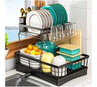 StowBin 2 Tier Dish Drainer Rack - Dish Rack with Utensil Holder for Kitchen Counter, Large Capacity Space-Saving Dish Drying Rack with Draining Board, Black