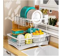 StowBin 2 Tier Dish Drainer Rack for Kitchen Counter - Space-Saving Dish Rack with Utensil Holder, Large Capacity Dish Drying Rack with Draining Board, White