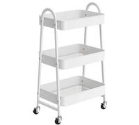 StowBin 3 Tier Metal Storage Trolley with Wheels - Rolling Utility Cart with Handle and Mesh Shelves for Kitchen, Bathroom, Office - White