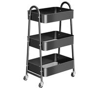 StowBin 3 Tier Metal Storage Trolley with Wheels - Rolling Utility Cart with Handle and Mesh Shelves for Kitchen, Bathroom, Office - Black