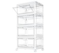 StowBin Storage Boxes with Lid - Plastic Storage Bins with 1 Lid,23L*4 Tier Clear Stackable Storage Boxes with Wheels,Large Bins Organizer for Bedroom Living Room Bathroom,4-Tier