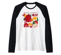 Stowe Vermont Autumn Plaid Barns and Foliage Scene Raglan Baseball Tee