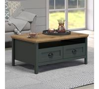 stowe wooden coffee table with 2 drawers in green and oak