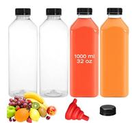 Stowetry 4 Pack 1000 ml/ 32 oz Plastic Juice Bottles with Black Lids,Empty Reusable Juice Bottle,Clear Bulk Drink Containers for Fridge Drinks,Water,Juices,Smoothies and Other Beverages