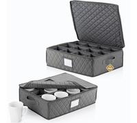 STOZU 2 Pack - China Cup Storage Chests Hold 24 Coffee Cups or Mugs - Stackable Glassware Organizer with Customizable Dividers and Inner Case for Extra Protection - Gray