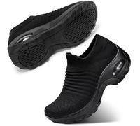 STQ Slip On Lightweight Platform Loafers Sneakers Working Walking Trainers Gym Shoes Wide Fit Comfort Loafers Shoes, All Black, 6 UK