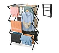 Straame 3-Tier Expandable Clothes Airer Indoor Outdoor - Slimline Drying Rack (Expanded:71×37×103 cm, Folded: 51×43×9 cm), 10 kg Capacity, Rust-Resistant, Non-Slip Feet, Heavy-Duty Design (Black)