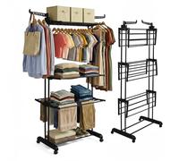 Straame 4-Tier Clothes Airer, Foldable Drying Rack with Wheels, 40kg Black | Double-column frame with 360° side wings, 14 hanging hooks, shoe rods, brake castors, stainless tubes and 22 cm storage depth
