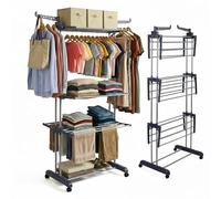 Straame 4-Tier Winged Clothes Airer - Foldable Clothes Drying Rack with Wheels for Indoor/Outdoor Use, Heavy-Duty Laundry Airer, Dryer rack, 76×50×178 cm (Grey)
