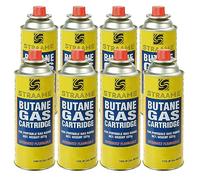 Straame Camping Gas Cartridges 227g, Portable Push-Fit Canisters, Pack of 8 | Universal tip adapter and safety lock for camping stoves, BBQs, heaters, blowtorches, weed burners and portable gas range use