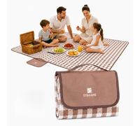 Straame Picnic Blanket Waterproof 200x140cm, Large Foldable Polyester Picnic Mat with Carry Handle, Machine Washable Gingham Beach Blanket for Camping, Garden, Festivals, Travel (Brown)
