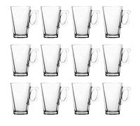 Straame - Set of 12 Latte Glasses, 240 ml Temperature Resistant - Stylish Coffee/Tea Cups, Hot Drink Cafe Mugs - Ideal for Ice Cream Latte, Espresso, Cappuccino & Hot Chocolate-Clear Mugs with Handle