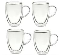 Straame Set of Coffee Glasses, Temperature Resistant Coffee Cups, Stylish Tea and Coffee Pack of Clear Coffee Mugs with Square Handle (350 ml Double Walled 4PK)