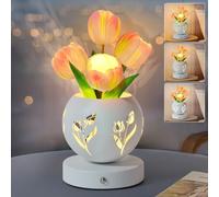 Strackvial Tulip Table Lamp, 3 Colors Touch Dimming Artificial Flower Night Light, Rechargeable Cordless LED Flower with Vase Lamp, Metal Pot Lamp Table Centerpieces for Home Living Room Decor (Pink)