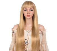 Straight Glueless Wig with Bangs, Golden Blonde Layered Hair Ready-to-Go Human Hair Wigs(26 inch)