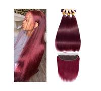 Straight Hair Bundles with Frontal Double Weft Brazilian Human Hair Weaves 3 4 Bundles with 13x4 HD Lace Frontal 99j Burgundy(20 22 24 Closure 18)