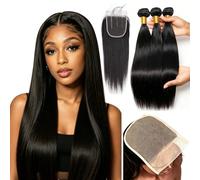 Straight Human Hair Bundles with Closure 14 16 18+14 Weave Bundles Human Hair Straight 100% Unprocessed,5x5 HD Lace Closure Human Hair Extensions,Can Dyed/Bleached/Ironed,No Splits,for Black Women