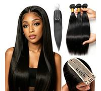 Straight Human Hair Bundles with Closure 14 16 18+14 Weave Bundles Human Hair Straight 100% Unprocessed,2x6 HD Lace Closure Human Hair Extensions,Can Dyed/Bleached/Ironed,No Splits,for Black Women