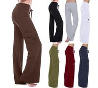 Straight Leg Cargo Trousers Women, High Waisted Flared Pants Stretch Work Combat Trousers Drawstring Elastic Waist Pants Casual Trouser Loose Fit Joggers Pant for Yoga Fitness Running Coffee