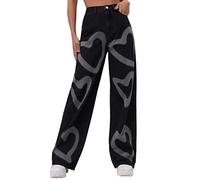 Straight Leg Jeans for Women Loose Fit Fashion Heart Printed Boyfriend Denim Pants Teen Girls Vintage Y2K Streetwear with Pockets