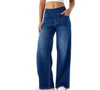 Straight Leg Jeans Women Mid Rise Ripped Denim Jeans Elasticated Waist Baggy Stretch Denim Pants Cowboy Trousers Zipper Closure Long Pants Casual Sports Trousers with Pockets Boyfriend Jeans Ladies