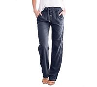 Straight Leg Joggers Womens Cotton and Linen Trousers Loose Elastic Waist Long Pants Solid Colour Ladies Joggers Pocket Baggy Casual Trousers Soft Sweatpants Womens Lightweight Jogging Bottoms Navy