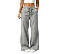 Straight Leg Linen Trousers Womens Frill Elastic Waist Wrinkle Free Trouser Solid Loose Fit High Waist Drawstring Cotton Pants with Pockets Lightweight Ankle Grazer Bottoms for Daily Home Travel Wear