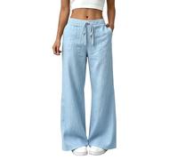 Straight Leg Linen Trousers Womens Frill Elastic Waist Wrinkle Free Trouser Solid Loose Fit High Waist Drawstring Cotton Pants with Pockets Lightweight Ankle Grazer Bottoms for Daily Home Travel Wear