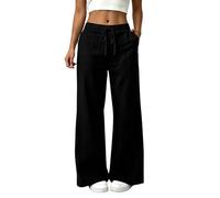 Straight Leg Linen Trousers Womens Frill Elastic Waist Wrinkle Free Trouser Solid Loose Fit High Waist Drawstring Cotton Pants with Pockets Lightweight Ankle Grazer Bottoms for Daily Home Travel Wear