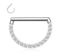 Straight Rod Nose Ring Silver Septum Jewellery 16G Septum Ring with CZ Daith Earrings Surgical Steel Semicircle Rook Conch Helix Hoop Earring Higned Segment Tragus Cartilage Piercing Jewellery 8mm