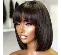 Straight Short Bob Wig With Bangs Human Hair Glueless Full Machine Made Vietnamese Double Drawn Bone Straight Wigs For Women