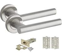 Straight T-Bar Door Handles on Rose with Satin Satinless Steel Satin Nickel Finish Door Lever Latch Pack with Ball bearing Hinges and 64mm Tubular Latch or Bathroom Set or Lock Set (1 Set)